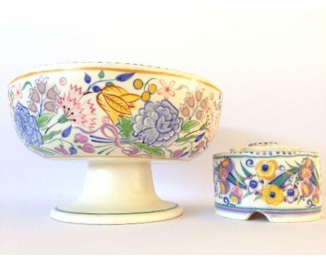 A Poole Pottery pedestal fruit bowl, shape 464, decorated in the BN pattern by Hilda Trim (internal crazing) together with a 