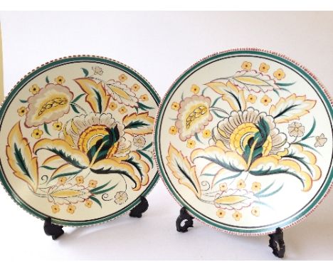 Two white bodied Poole Pottery dishes decorated in the ZB design by J.E Dowding and G. Allin (10.5 inches). 