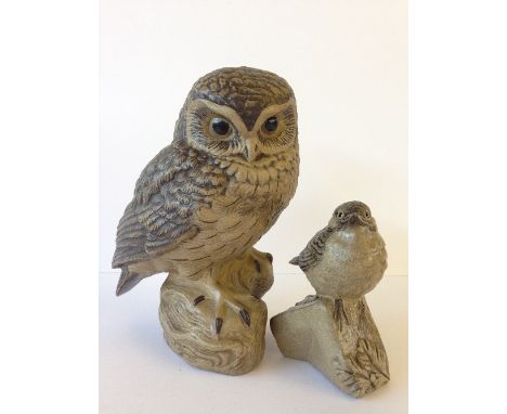A Poole Pottery Barbara Linley Adams stoneware model of a Little Owl together with a Robin on a Brick.