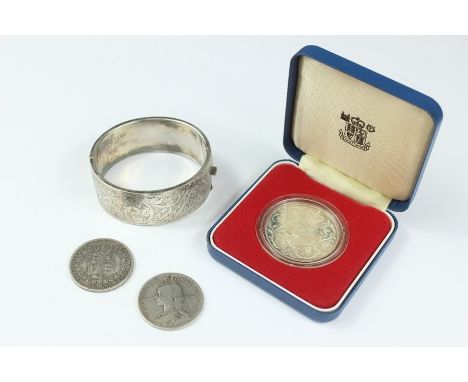 Miscellaneous Silver - including Queen Elizabeth II silver Jubilee proof coin 1977, 1887 and 1890 florins and a silver bangle