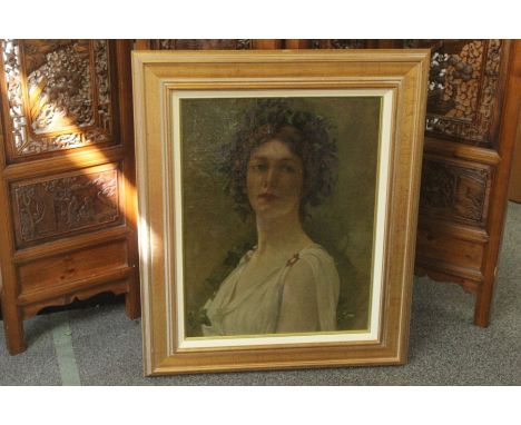 Contemporary oil on canvas, portrait of a young woman in the classical style, approx 49 x 64 cms, framed.