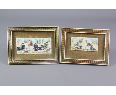 Two miniature Persian paintings, the first depicting mounted figures playing polo and the companion depicting mounted figures