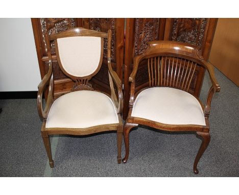 Two inlaid bedroom chairs; the first being apple wood with curved arms, shield back on lyre shaped support, straight legs, se