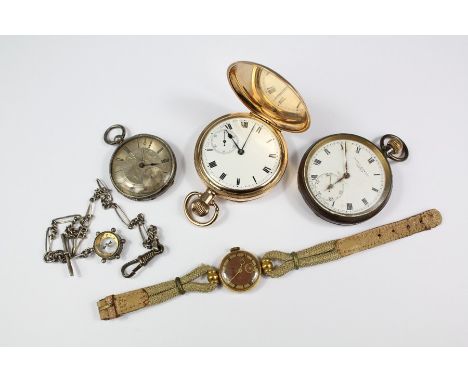 Gentleman's gold plated Dennyson self-wind full hunter pocket watch, having white enamel face with Roman dial, Tavannes Watch