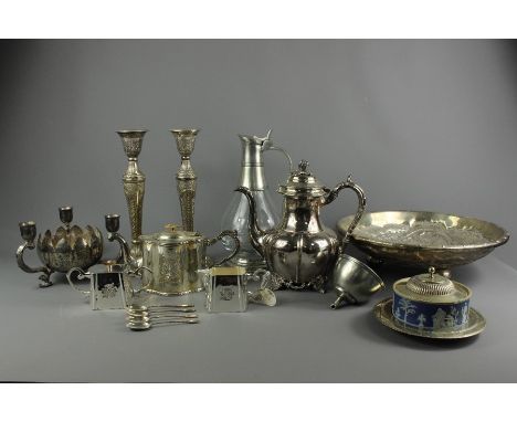 Miscellaneous silver plate; including a fruit bowl on ball feet, approx 33 cms dia, metal top decanter approx 18 cms h, two s