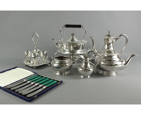 Miscellaneous silver plate including a teapot on spirit warmer stand, coffee pot, tea pot, creamer, sugar bowl, a four piece 