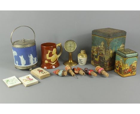 Miscellaneous items - vintage tea tins, a Dartmouth pottery darts tankard, five comical stoppers, a miniature Campbell's The 