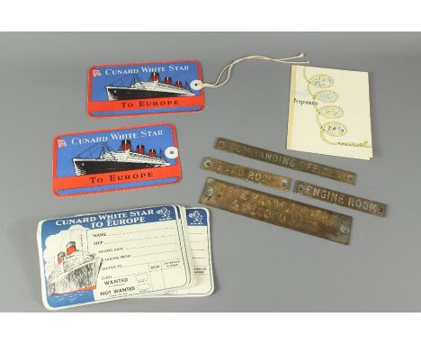 Shipping Ephemera - five Cunard White Star to Europe luggage labels, two baggage labels 'wanted in stateroom', Queen Elizabet