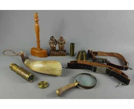 Miscellaneous items; including two vintage Girl Guide belts one 64 cms long, the other 76 cms long, a wooden mallet 27 cms l,