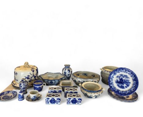 A collection of mostly English 19th century and later blue and white pottery and porcelain
Comprising of three vegetable ture