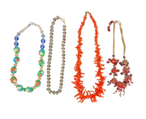 A group of four vintage necklaces

Comprising of a coral necklace, a Venetian 'Tutti Fruiti' glass necklace, an amethyst bead