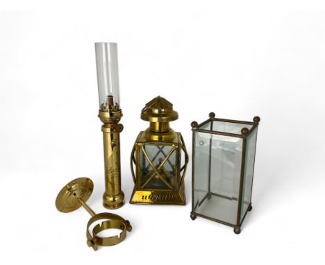 A vintage Danish ship's lamp by E.S Sorensen, a brass carriage lamp, and a brass hurricane lamp shade
The ship's lamp with gl