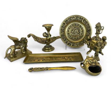 A group of early 20th century brassware Comprising of an Italian Renaissance style miniature charger, a souvenir of St Mark's