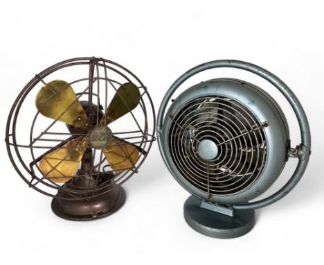Two vintage industrial desk fans
One Model 212A, De Luxe by Mirmar Products Inc in aluminium, which cools and heats; the othe