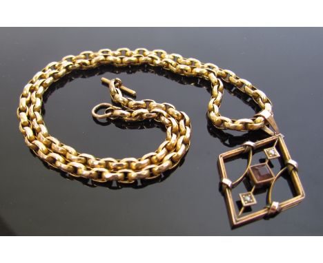 A gold necklace stamped 9c with bar and loop fastening, 40cm long 11.5g hung with a rose gold lozenge form seed pearl and ame