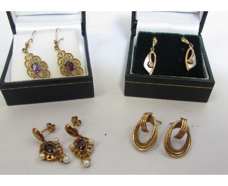 Four pairs of earrings including 9ct gold amethyst drop and 9ct gold pearl and garnet drop (gold pairs 5.5g)