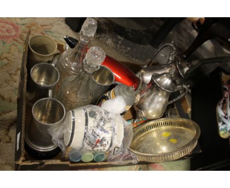 A TRAY OF ASSORTED SUNDRIES TO INCLUDE A SILVER PLATED TEA SERVICE ETC
