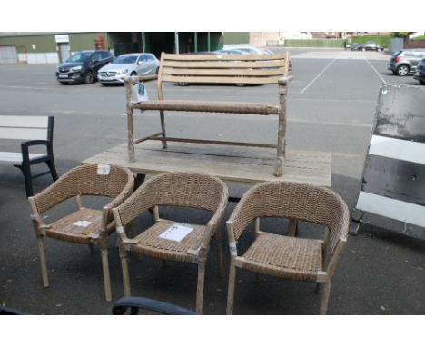 A JOHN LEWIS OUTDOOR / GARDEN SET COMPRISING ISLAY DINING TABLE AND BENCH PLUS 3 CROFT COLLECTION DINING CHAIRS
