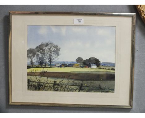 A FRAMED AND GLAZED WATERCOLOUR ENTITLED NORTHAMPTONSHIRE LANDSCAPE BY E R ROBERTS 