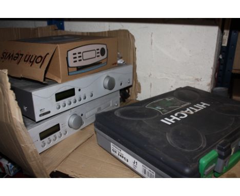 AN ACOUSTIC SOLUTIONS CD PLAYER, PORTABLE RADIO AND HITACHI ROTARY HAMMER