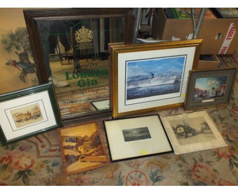 A COLLECTION OF PICTURES AND PRINTS TO INCLUDE SIGNED ETCHINGS CHRISTOPHER'S LONDON GIN ADVERTISING MIRROR R G LLOYD SIGNED P