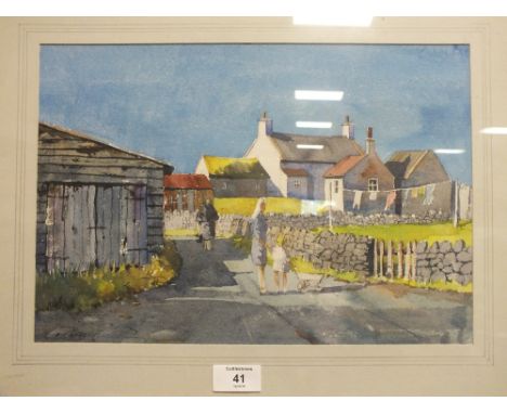 A FRAMED AND GLAZED WATERCOLOUR ENTITLED SCOTTISH VILLAGE SCENE BY E R ROBERTS 