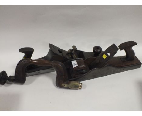 TWO VINTAGE WOODEN BENCH PLANES TOGETHER WITH A WOODEN DRILL