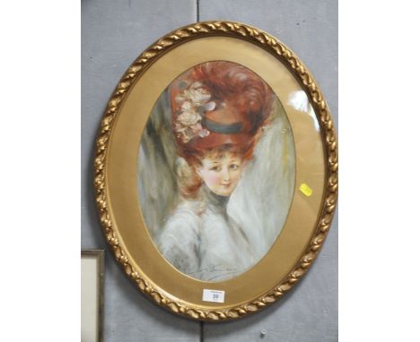 A GILT FRAMED OIL ON BOARD OVAL PORTRAIT STUDY OF A LADY