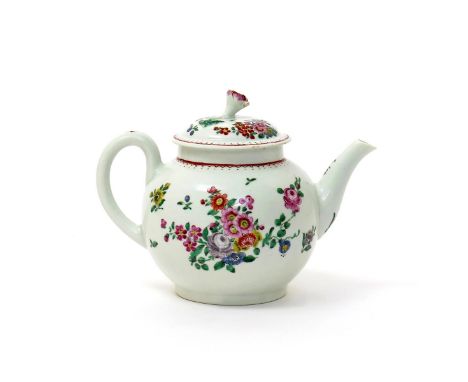 A Worcester teapot and cover, c.1770, the globular body painted in polychrome enamels with colourful flower sprays beneath a 