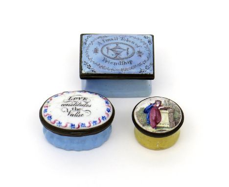Three English enamel patch boxes, 2nd half 18th century, one rectangular and decorated in grisaille on a blue ground, titled 