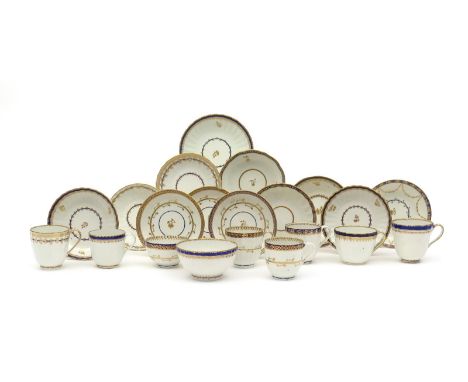 Six Derby cups and saucers, c.1790-1810, and a breakfast teabowl and saucer, variously ogee-shaped, spiral moulded and fluted