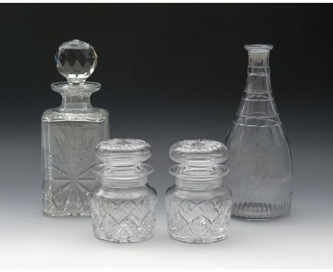 Two cut glass jars and stoppers, 20th century, a cut glass decanter and stopper, of square form with a heavy faceted globe st