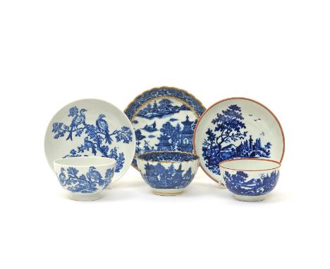 Three English porcelain blue and white teabowls and saucers, c.1780, one Caughley and printed with the Temple pattern, anothe