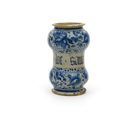 An Italian maiolica albarello, mid 16th century Venice, of dumbbell form, with an inscription between continuous bands of fol