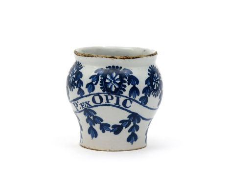 A small delftware dry drug or pill jar, 2nd half 18th century, the baluster body painted in blue with paterae around husk swa