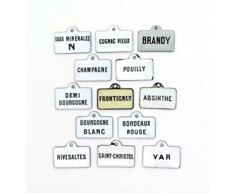 Thirteen Continental enamel bin labels, late 19th/early 20th century, of rectangular form, inscribed with various wines and s