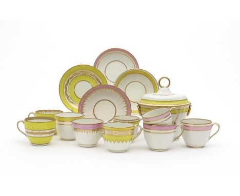 A group of Derby tea wares, c.1790-1820, including a fluted sucrier and cover, three cups and saucers, a trio, three single c