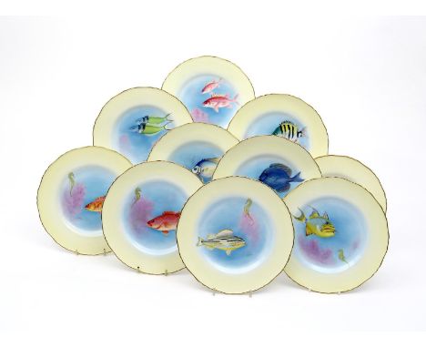 Ten Royal Worcester ichthyological plates by Harry Ayrton, date codes for 1934, brightly painted with different specimens of 