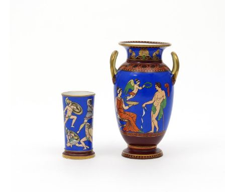 Two Samuel Alcock porcelain vases, c.1850-60, one two-handled, the other a spill vase, both decorated in the Etruscan manner 