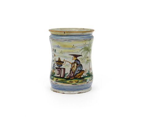 A large Naples maiolica albarello, early 18th century, the slightly waisted form painted in polychrome enamels with a Chinese