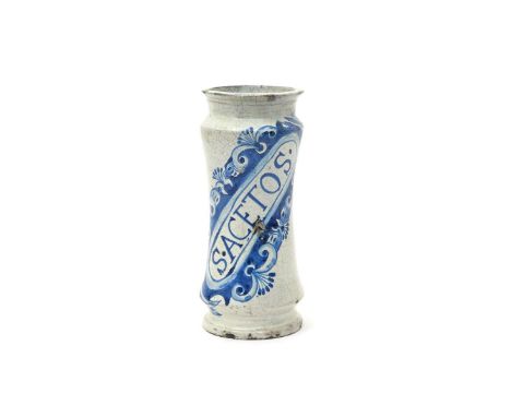 A Portuguese faïence albarello, late 17th century, of tall waisted form, painted in blue with a diagonal cartouche inscribed 