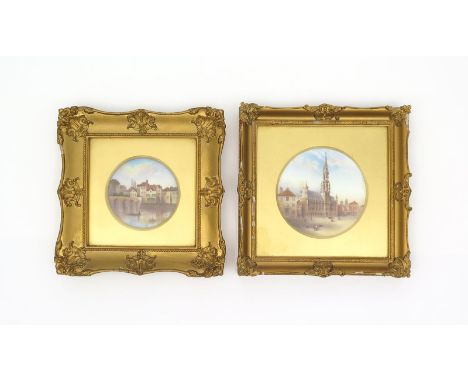 Two Royal Worcester porcelain plaques by Raymond Rushton, date code for 1918, one painted with a figure in a boat before an a