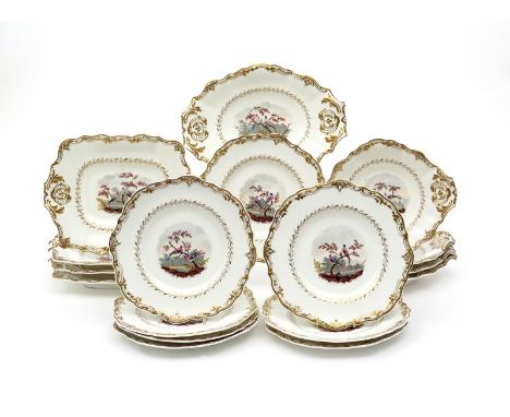 A Spode Felspar porcelain part dessert service, c.1820-25, painted to the wells with colourful birds perched on autumnal leaf