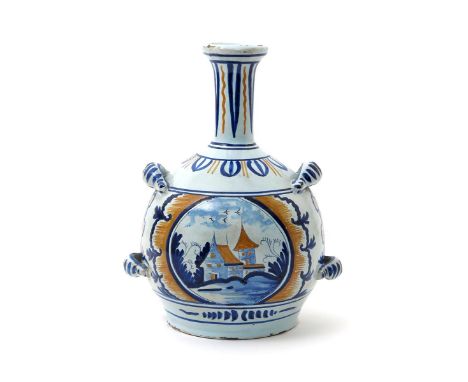 A Continental faïence flask or bottle vase, c.1770, the rounded body painted in blue and ochre to two sides with a circular p