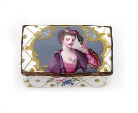 A Staffordshire enamel snuff box, c.1780, the rectangular form painted with a portrait of a lady raising a shell to her hair,