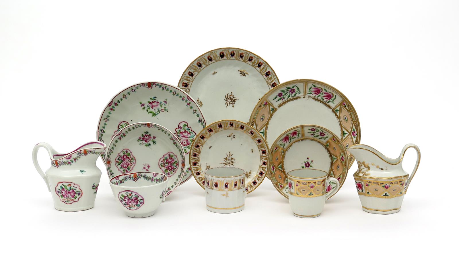 Three New Hall plates with a matching cup and saucer, c.1800, one in