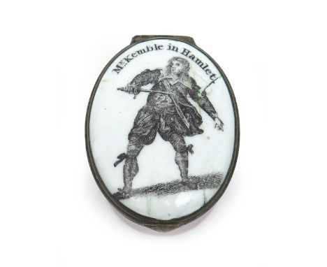 An English enamel patch box of theatrical interest, c.1785-90, the oval top printed in black and titled 'Mr Kemble in Hamlet'