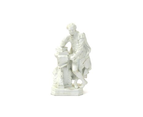 A Derby biscuit porcelain figure of Shakespeare, c.1775-80, standing beside a pillar moulded with masks, his right elbow rest