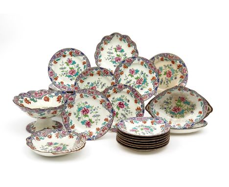 A Spode pearlware part dessert service, c.1825-33, richly decorated with sprays of peony and other Oriental flowering plants,