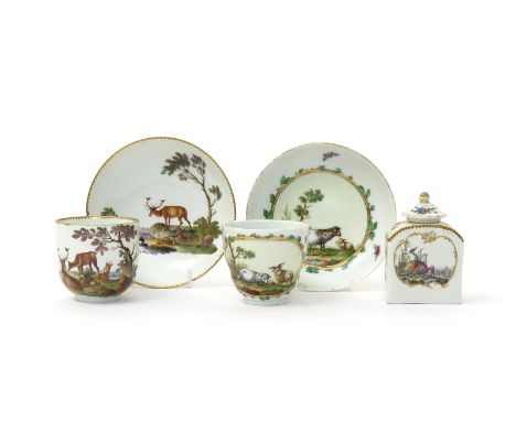 Two German porcelain cups and saucers, late 18th/early 19th century, one Meissen and painted with scenes of deer at repose, t